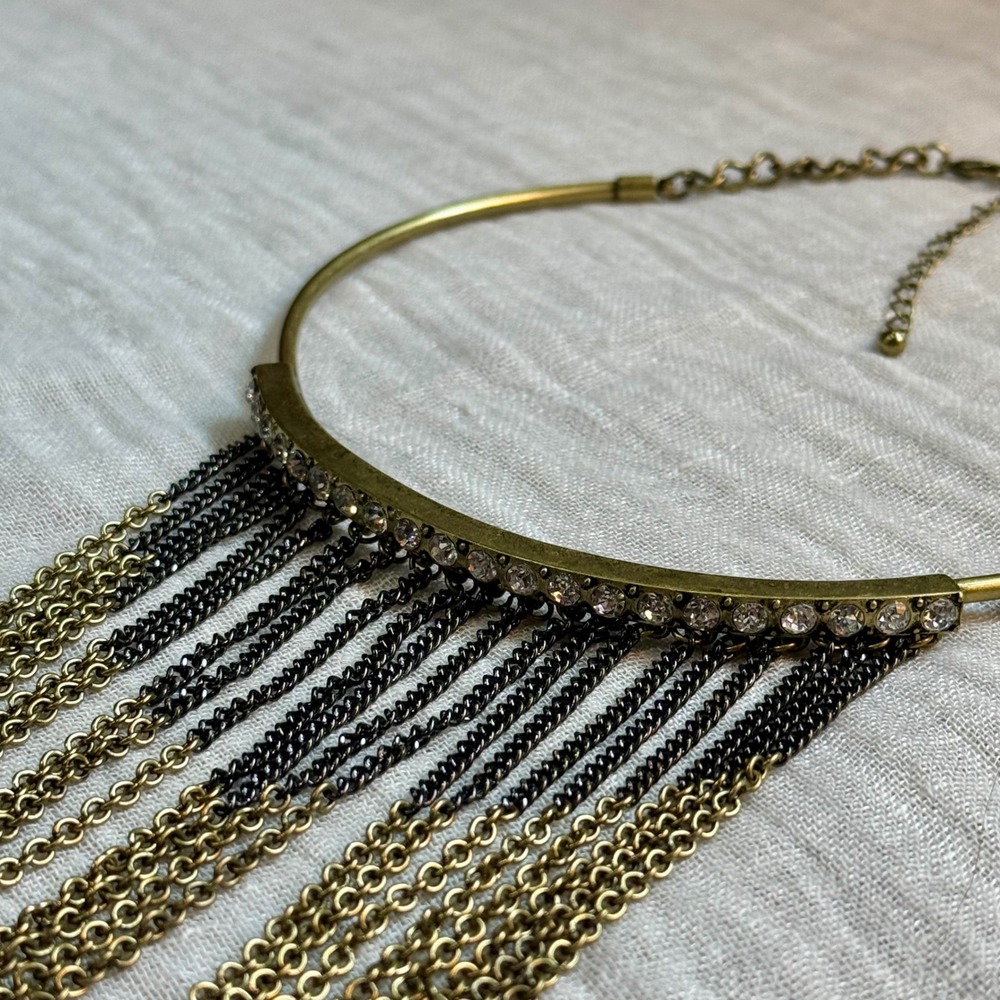 Rhinestone Fringe Choker Necklace Gold Tone Boho Festival Y2K Statement - Picture 8 of 10
